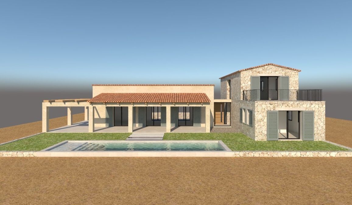 - Pozemek s projektem moderního domu cca 228m2 pár minut od Santanyi