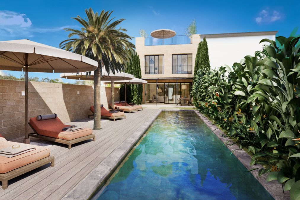  - Pozemek v centru Ses Salines s projektem na výstavbu řadového domu s bazénem